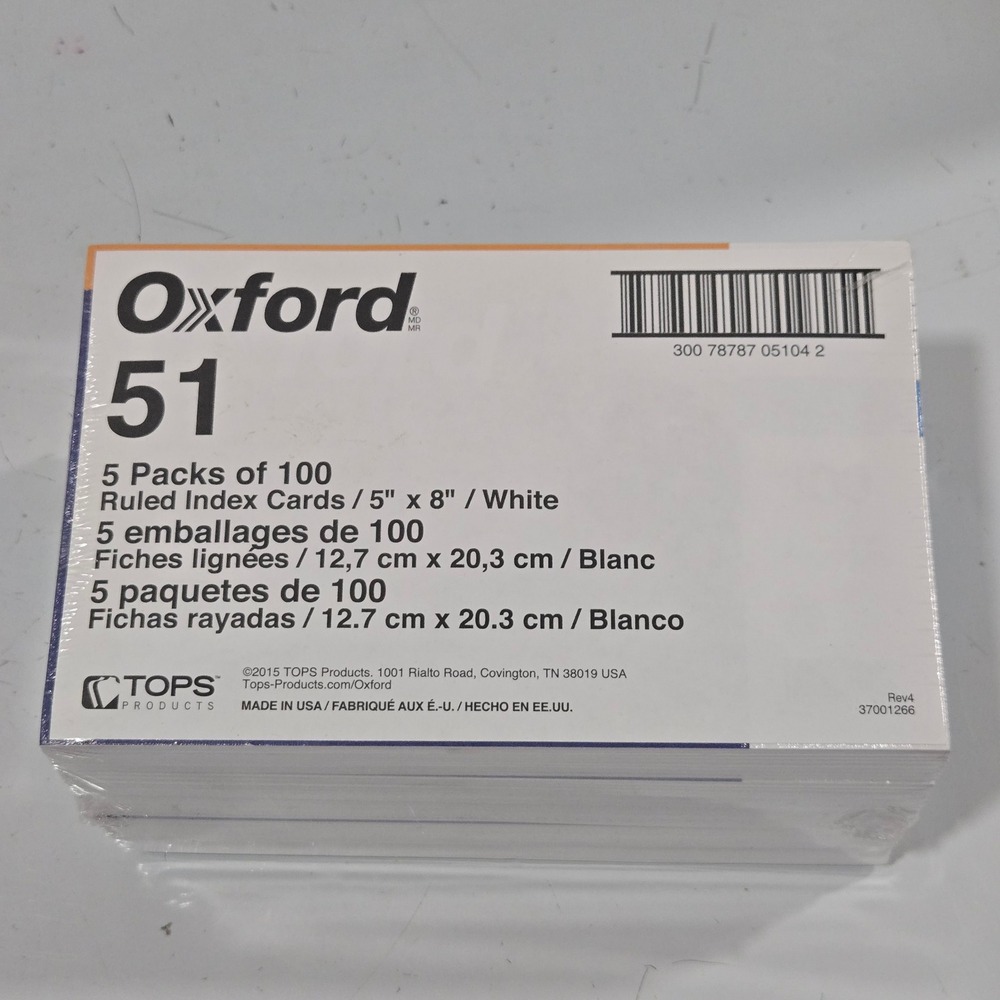Oxford 51 Ruled Index Cards 5x8 White 500 Count 5 Packs of 100 37001266